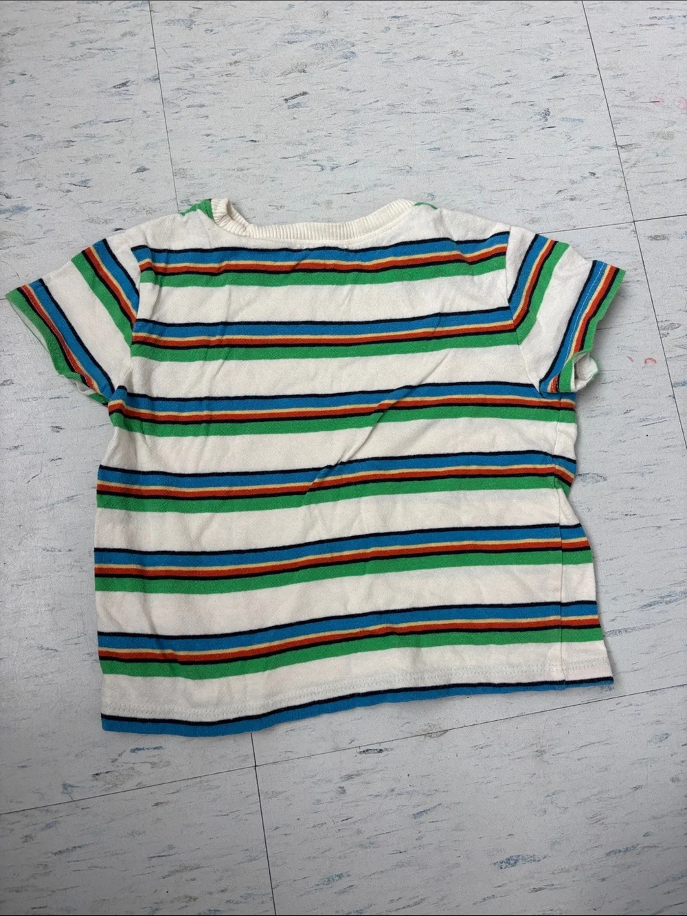 Striped Crewneck Kids Tee in White, Green & Blue - Unbranded
